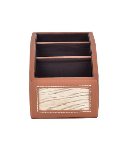 Image of Premsons Classic Remote Holder - 3 Section Tabletop Organizer in Light Brown | Faux Leather with Refined Wooden Finish | Decorative & Practical Organizer - Orange