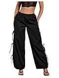 WDIRARA Women's Bow Tie Side Split Straight Leg Pants Drawstring Low Rise Trousers Black Large