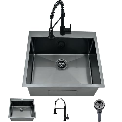 WMXQX Black Drop In Laundry Sink with Faucet Combo, 25"x22"x12" Utility Sink Drop In Stainless Steel Laundry Sink 16 Gauge 12" Deep Single Bowl Kitchen Sinks by WMXQX - Used condition - US$257.59