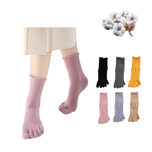 Ruffled Five-Toe Crew Socks Cotton Loose Top Lettuce Edge Hem Fall Winter Spring Moisture-Wicking Japanese Style Comfy