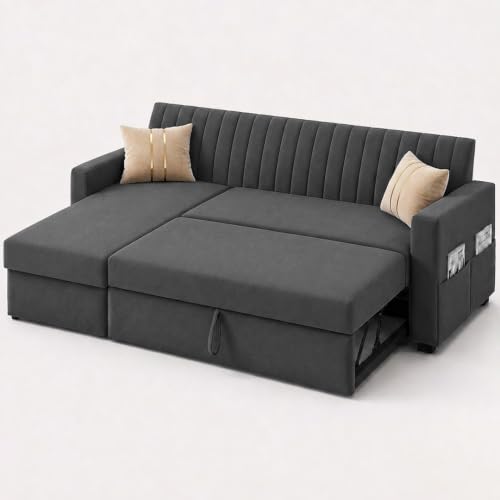 Image of CASASTYLE Kyagar 4 Seater LHS L Shape Sofa with Pull Out Bed & Storage Lounger | Premium Soft Velvet Suede Fabric | Comfort Cushions | Ideal for Living Room, Hotel & Office (Dark Grey)