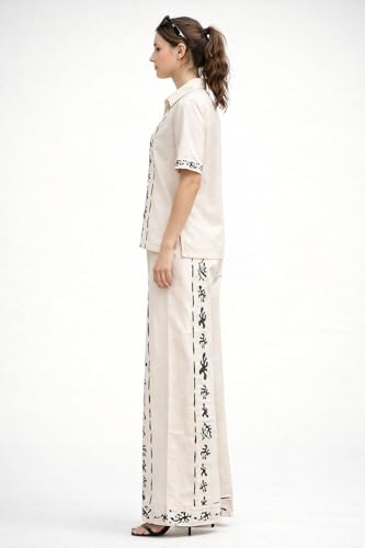 Image of Women's Cotton Blend Collared Casual Co-Ord Set with Palazzo Pants | Beige