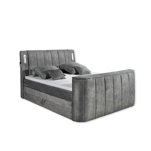 DALLAS 6 Boxspringbett 180x200 mit Bettkasten, Grau - Bequemes Doppelbett mit motorisierter TV-Halterung & LED-Beleuchtung - 186 x 126 x 244 cm (B/H/T)