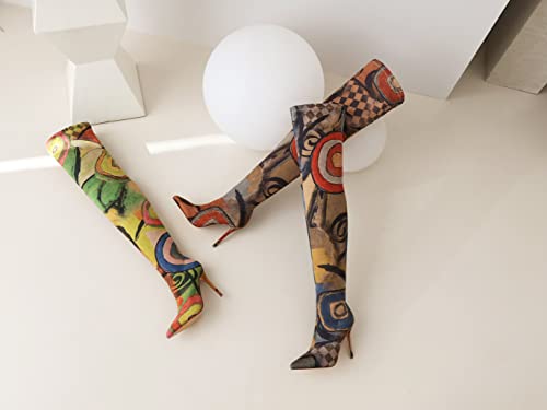 vivianly Women's Sexy Printed Stretchy Thigh High Boots Pointy Toe Stiletto Heel Booties Over The Knee High Heel Boot4