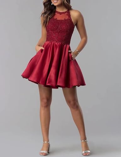 Short Beaded Homecoming Dresses with Pockets Laces Applique Prom Dress Satin Cocktail Dresses for Teens BG4