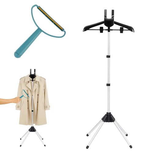Folding Telescopic Steamer Stand Garment Steamer Stand Clothes Steamer Holder with Rotating Hanger Stable Aluminum Alloy Garment Steaming Rack for Shirts Dresses Tops (2-piece Black)