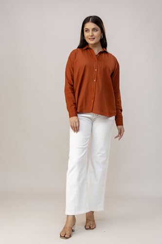 Image of Women's Linen Blend Shirt | Casual Collared Button Down Shirt for Women | Solid Color Full Sleeve Oversized Fit | Summer Casual & Office Wear Top