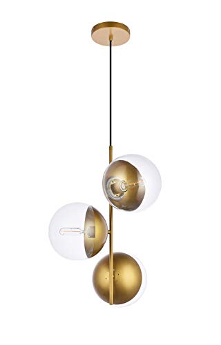 A1A9 Sphere Glass Ceiling Lights, Mid Century Modern Clear Glass Globe Sputnik Chandelier with 3 Lights, LED Pendant Lamp Fixture for Dinning Room, Living Room, Office, Bedroom, Lounge (Brass)