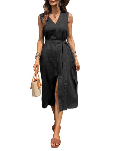 Image of Women's 100% Linen Midi Dress V Neck Sleeveless Tie Waist Side Slit Dresses 2026 Summer Dress with Pocket