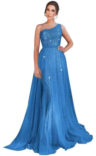 One Shoulder Sequin Long Prom Dresses for Women 2025 Sparkly Tulle Formal Maxi Evening Dress with Slit