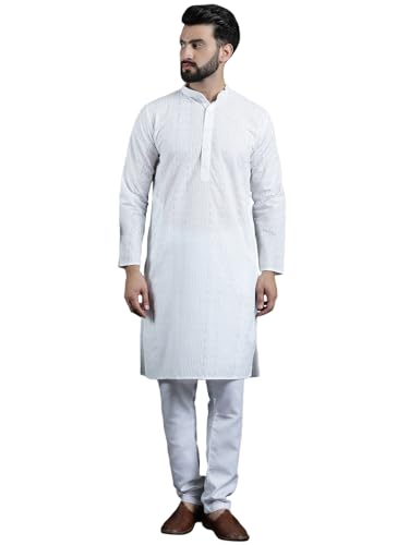 Sojanya (Since 1958 Men's Cotton Thread Embroidered White Kurta With White Churidaar Pyjama
