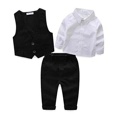 [LSMUDKINGDOM] LittleSpring フォーマル スーツ ベスト シャツ ズボン ベビー服 男の子 長袖 セットアップ 子供服 ボーイズ 結婚式 発表会 七五三 入園式 入学式 卒業式 お受験 冠婚葬祭 黒 ブラック 90