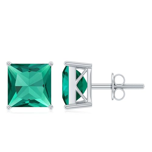 Certified 8 mm Princess Cut Lab Grown Emerald Earrings, AAAA Quality, Emerald Studs with Screw Back - Ready To Gift