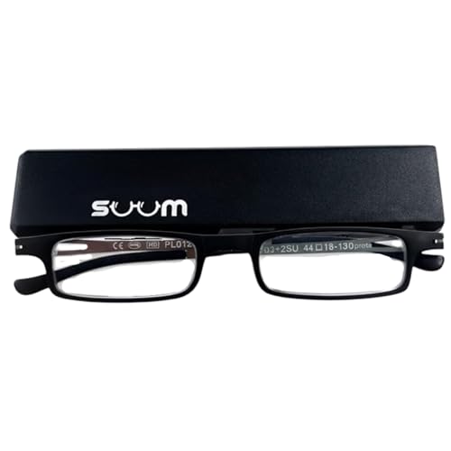 SUUM co. Gafas de Lectura Compactas Negro +1.50 Para Hombre y Mujer con Filtro Azul - Gafas Presbicia con Estuche Rígido - Gafas de Ver de Cerca Ligeras uso Diario – Funda Extra Fina Fácil de Guardar