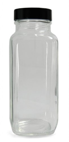 Qorpak GLC-01360 Clear Glass French Square Bottle with 48-400 Black Polypropylene Cap and PTFE Disc, 62mm OD x 167mm Height, 16oz Capacity (Case of 24)