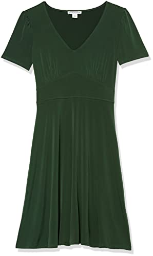 Image of Amazon Essentials Women's Short Sleeve V-Neck Gathered Flattering Fit and Flare Dress