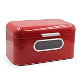 Plexon Red Bread Box for Kitchen Countertop with Lid and Clear Window, Metal Bread Storage Container
