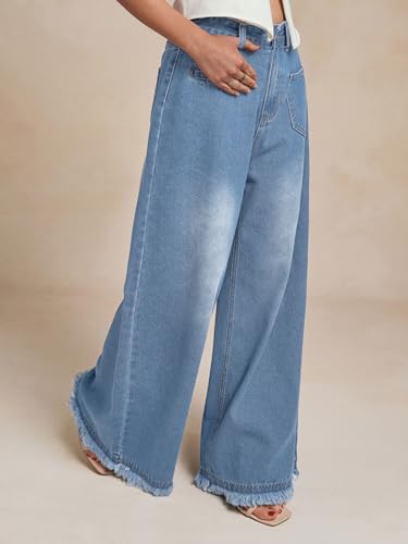 CHARTOU Baggy Wide Leg Jeans Woman Mid Rise Frayed Flare Jeans Boyfriend Stretchy Denim Pants2