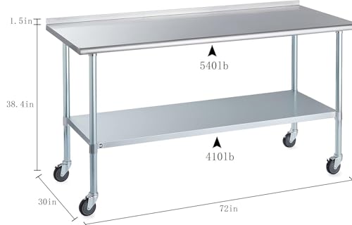 Image of Stainless Steel Table for Prep & Work with Caster & Backsplash 30x72 Inches, NSF Metal Commercial Kitchen Heavy Duty Table with Adjustable Under Shelf and Table Foot for Restaurant, Home and Hotel