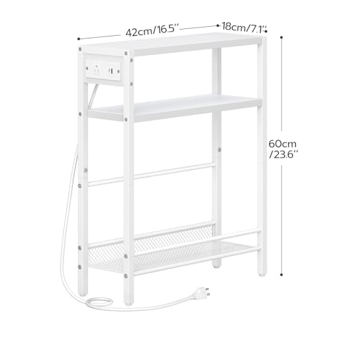 Image of HOOBRO Small Narrow Side Table with Charging Station, Skinny End Table for Small Spaces, Slim Nightstand with USB Ports Outlet, Sofa Beside Table with Storage Shelf, White WT102UBZ01