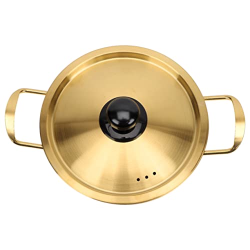 GRIRIW Olla de Cocina para Ramen y Fideos con Tapa Dorada de Acero Inoxidable Olla Pequeña con Doble Asa para Cocina de Inducción y Abierto Fácil y Rápida para Sopa Pasta y Huevos