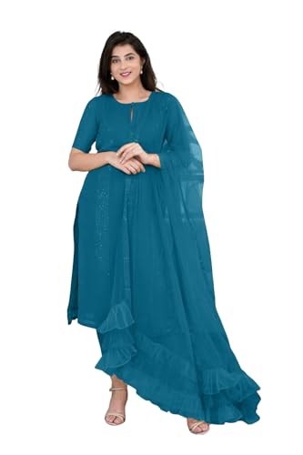 Fashion Basket Georgette Red Kurta Set With Dupatta For Women (In, Alpha, L, Regular, Turquoise)