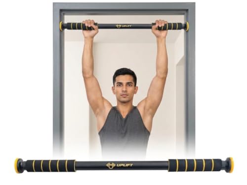 Image of UPLIFT Adjustable Pull Up Bar for Home (62-100cm) | No Screw Doorway Exercise Rod | Anti Skid Grip, 100kg Capacity | Multifunctional Home Gym Equipment for Men, Women & Kids (Black /Yellow)