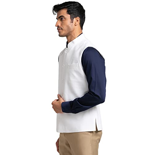 Image of Raymond Men's Contemporary Fit Pure Cotton Solid Pattern Sleeveless White Ceremonial Waistcoat