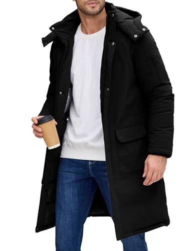 NRZD Men's Winter Long Puffer Jackets, Water-Repellent Down Parka Warm Coats Outerwear with Detachable Hood & Carry Straps(Black,L)