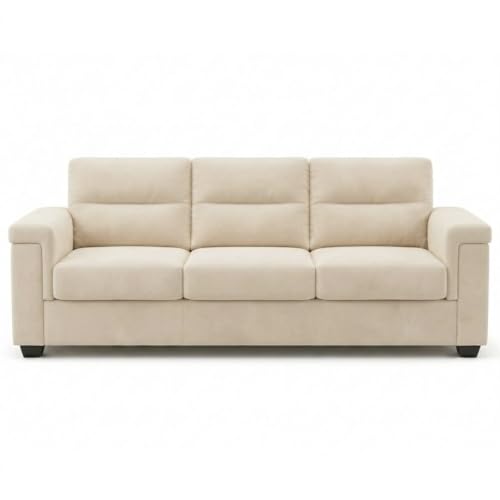 Image of FURNY Parker 3 Seater Fabric Sofa Set with Velvet Finish | Durable Comfort | Ideal for Living Room | Modern Design (Cream)