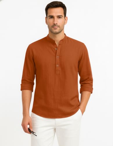 Image of Zombom Men's Cotton Blend Kurta Shirt with Full Sleeves Mandarin Collar Neck Solid Pattern for Men Regular Fit Ethnic Wear Casual Festive Top Modern Style | Cotton Shirt for Mens