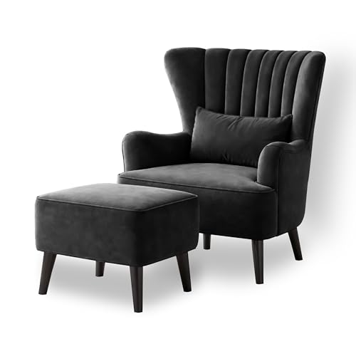 Image of Modern Velvet Wingback Accent Chair with Ottoman & Cushion for Living Room | Premium Upholstered Lounge Chair with Footrest |Black