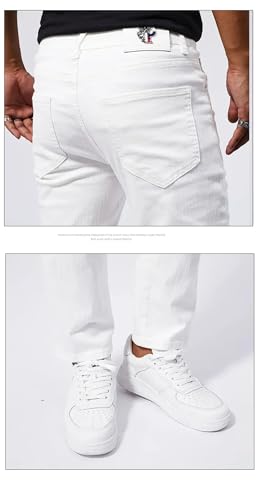 Men Patchwork Ripped Slim Fit Jeans Cotton White Stretch Straight Skinny Denim Trousers3
