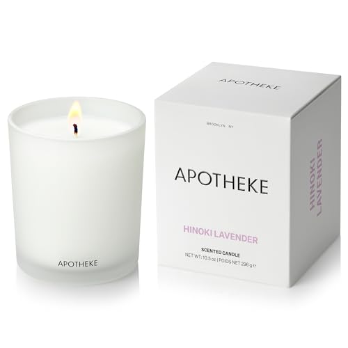 Apotheke Signature Scented Candles for Home, Hinoki Lavender - 10.5 oz - Soy Wax, Non Toxic, Large Jar White - Luxury Candle Gifts for Women & Men - Hinoki Cypress, Lavender, and Lotus Flower