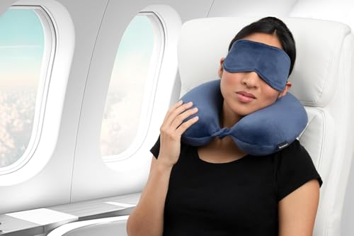 Image of Microfiber Travel Pillow with Eye Mask - Soft Neck Support Pillow for Airplane, Car, Train & Office - Compact & Lightweight Travel Essentials Set for Men & Women,Grey