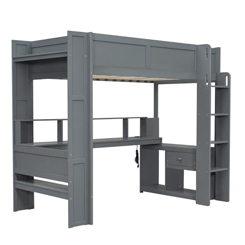 SOFTSEA Twin Gaming Loft Bed with Desk & LED Light, Wood Loft Bed with Charging Station, Loft Bunk Bed with Multi-Storage Shelves and Drawers for Kids Teens Boys Girls, Dark Gray