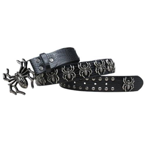 Men Women Studded Embossed Leather Belt, Round & Spider Rivet Crocodile Pattern Strap with Engraved Spider Buckle