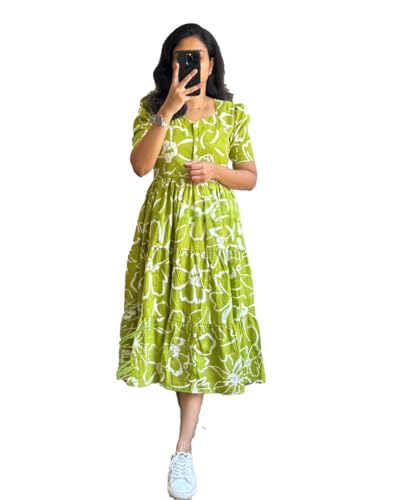 ROYALICA Women’s Pure Cotton Maxi Midi Dress Western Dress for Women Elegant Floral Printed Long Dresses | Soft & Breathable Fabric | Casual Trending Dress for Women (in, Alpha, XL, Regular, Pista)