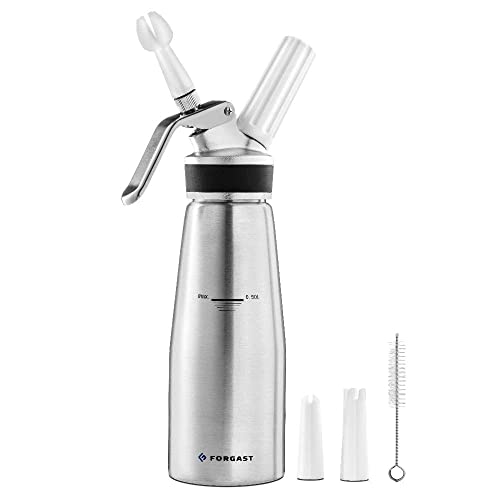Forgast Dispensador de Nata Montada | Capacidad 0,5 litros | 3 Boquillas | 1 Cepillo Limpiador | Plata | Sifón Profesional para Nata Montada | Aluminio | para Preparar Nata, Mousse
