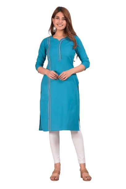 PIOUS LIBASWomen's Pure Cotton Solid Royal-Blue 3/4 Sleeves Single Straight Kurti (70P170KR)