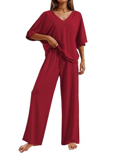 Image of Ekouaer Pajama Sets for Women 2 Piece Lounge Set Short Sleeve Tops and Long Pants Soft Comfy Pjs Sleepwear Outfits S-XXL