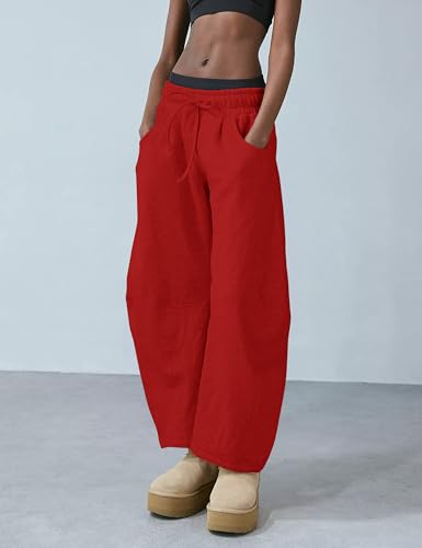 Womens Barrel Leg Sweatpant Mid Rise Elastic Waist Drawstring Casual Baggy Wide Leg Pants with Pockets4