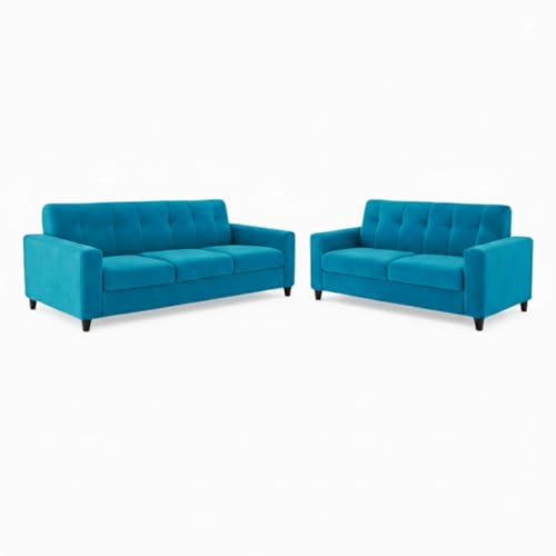 Image of Homeboy Luxe Velvet-Suede Fabric 3 + 2 Seater with Ottoman Sofa Set | Comfortable & Spacious Seating for Upto 6 Person | Modern Sofa Set for Living Room - Aqua Blue