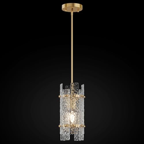 Modern Crystal Pendant Light for Kitchen Island, Gold Mini Chandelier with Water Rippled Glass, Adjustable Hanging Round Pendant Lights Fixture for Kitchen Island, Bedroom, Dining Room (1-Pack)