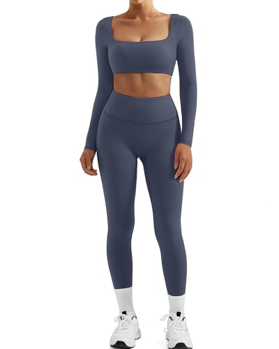 SUUKSESS Women 2 Piece Workout Sets Compression Tummy Control Leggings with Pockets Long Sleeve Square Neck Padded Crop Tops Sports Bra Scrunch Booty Lifting Yoga Pants (Navy Blue, M)