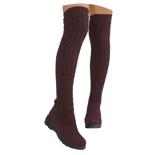 Botas por encima de la rodilla para mujer, botas de caña ancha, botas de punto hasta la rodilla con tacón grueso de plataforma, elásticas, punta redonda, moda para invierno, informales y cómodas