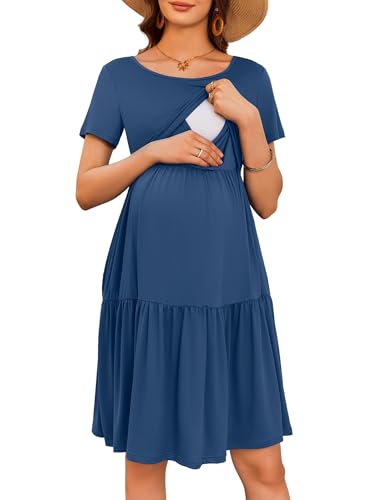 Image of Ekouaer Nursing Dress Summer Short Sleeve Breastfeeding Casual Knee Length Maternity Dresses S-XXL