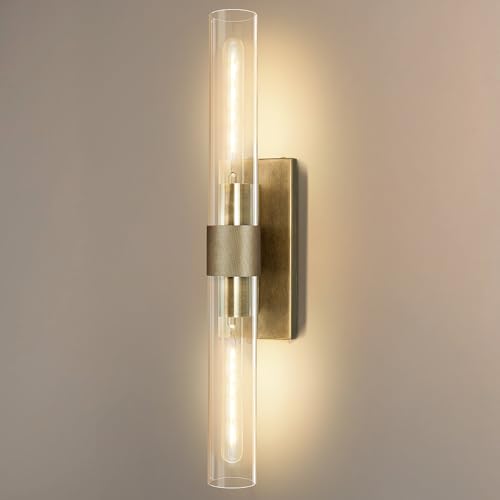 Image of Brass Wall Sconces, Bathroom Wall Sconce, 22.8 inch Gold Wall Sconces, 2-Light Dimmable Wall Sconce, Sconces Wall Lighting with Glass, Vanity Light Tube Sconce for Bedroom Living Room, Hallway