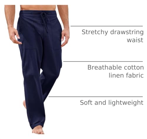 Image of PASLTER Mens Cotton Linen Pants Casual Summer Beach Pants Dress Trousers | Loose Fit, Elastic Drawstring Waist, Lightweight, Straight-Legs, Slacks, Yoga, Work, Vacation, Quick Dry