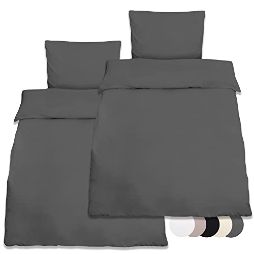 Beautissu 2er Set Renforcé Bettwäsche Set 155x220 cm Julie - Kissenbezug 80x80cm – Bettwäsche mit 2X Bettbezug & 2X Kopfkissenbezug - 4teilige Kühlende Sommerbettwäsche aus Baumwolle in Anthrazit